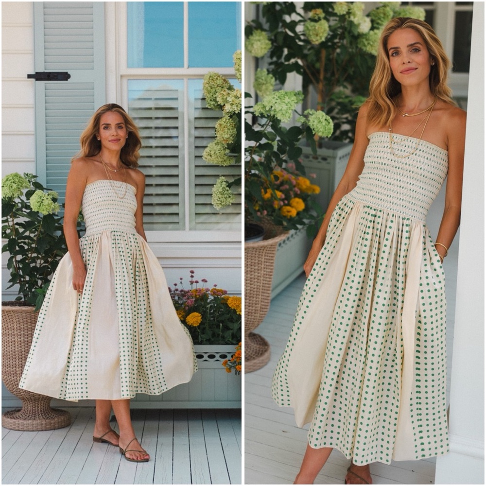 EUC TORY BURCH Smocked Printed Silk Strapless Dress In Green Polka Dot $898 0